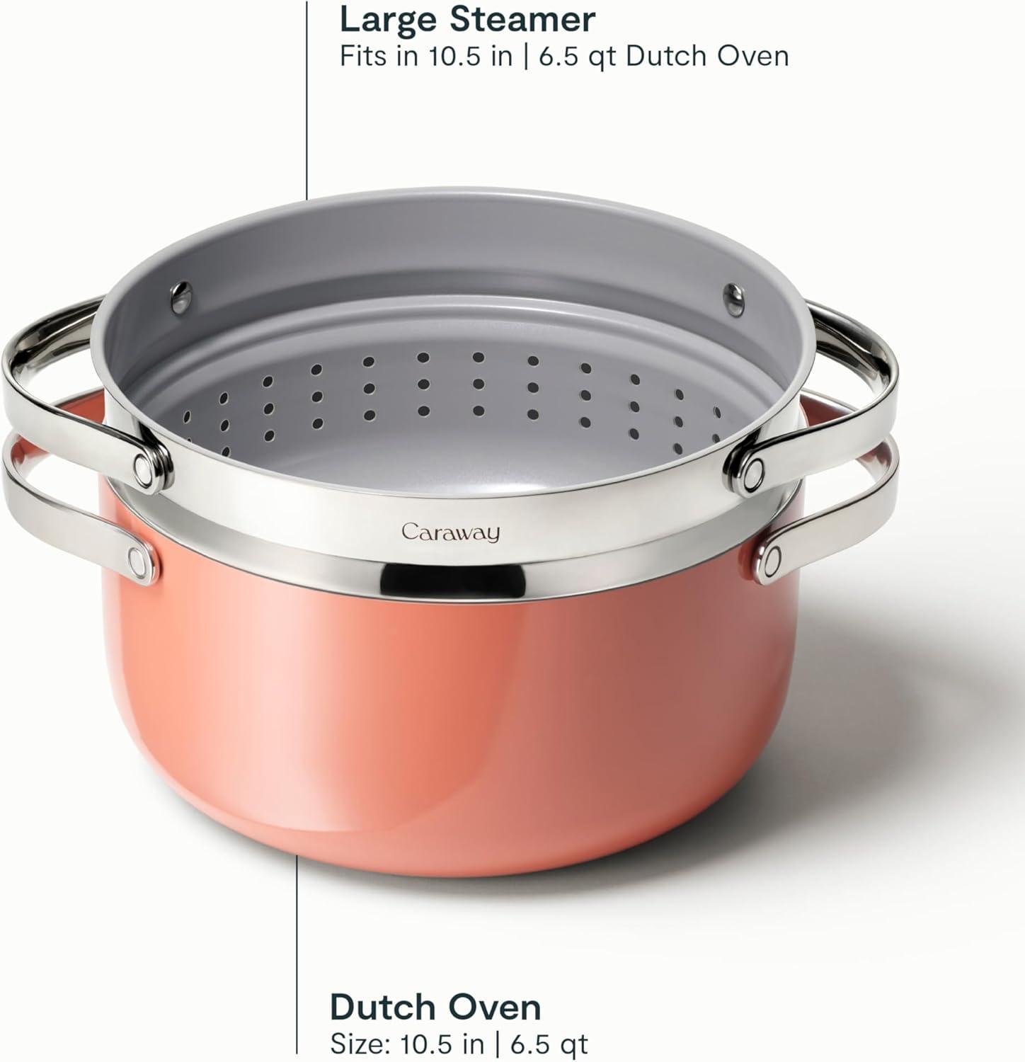 imageCaraway Nonstick Ceramic Dutch Oven Pot with Lid amp Steamer 65 qt 105 Non Toxic PTFE amp PFOA Free Oven Safe amp Compatible with All Stovetops Gas Electric amp Induction WhitePerracotta