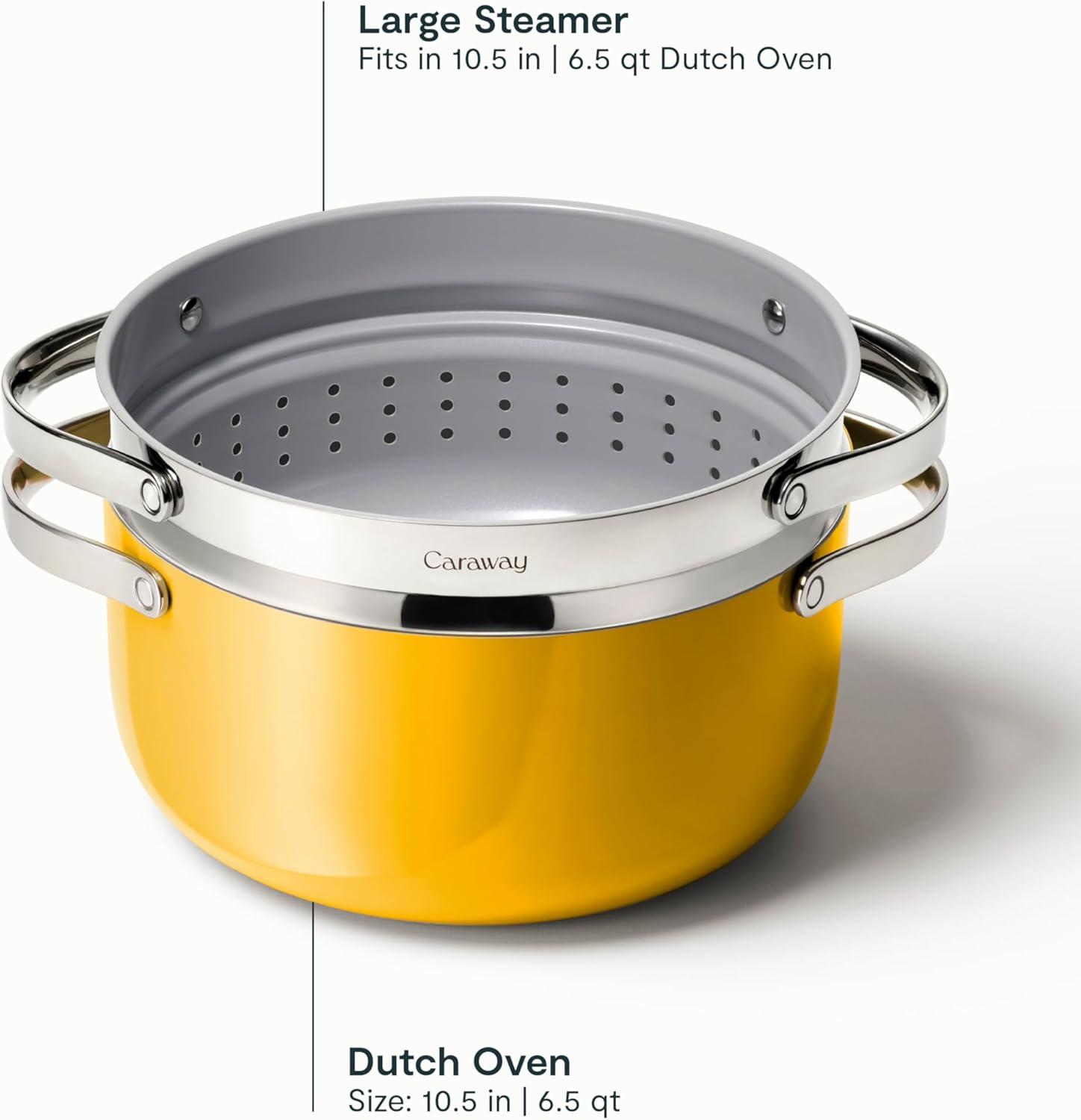 imageCaraway Nonstick Ceramic Dutch Oven Pot with Lid amp Steamer 65 qt 105 Non Toxic PTFE amp PFOA Free Oven Safe amp Compatible with All Stovetops Gas Electric amp Induction WhiteMarigold