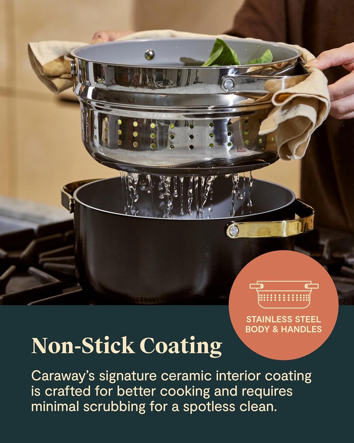 imageCaraway Nonstick Ceramic Dutch Oven Pot with Lid amp Steamer 65 qt 105 Non Toxic PTFE amp PFOA Free Oven Safe amp Compatible with All Stovetops Gas Electric amp Induction WhitePerracotta