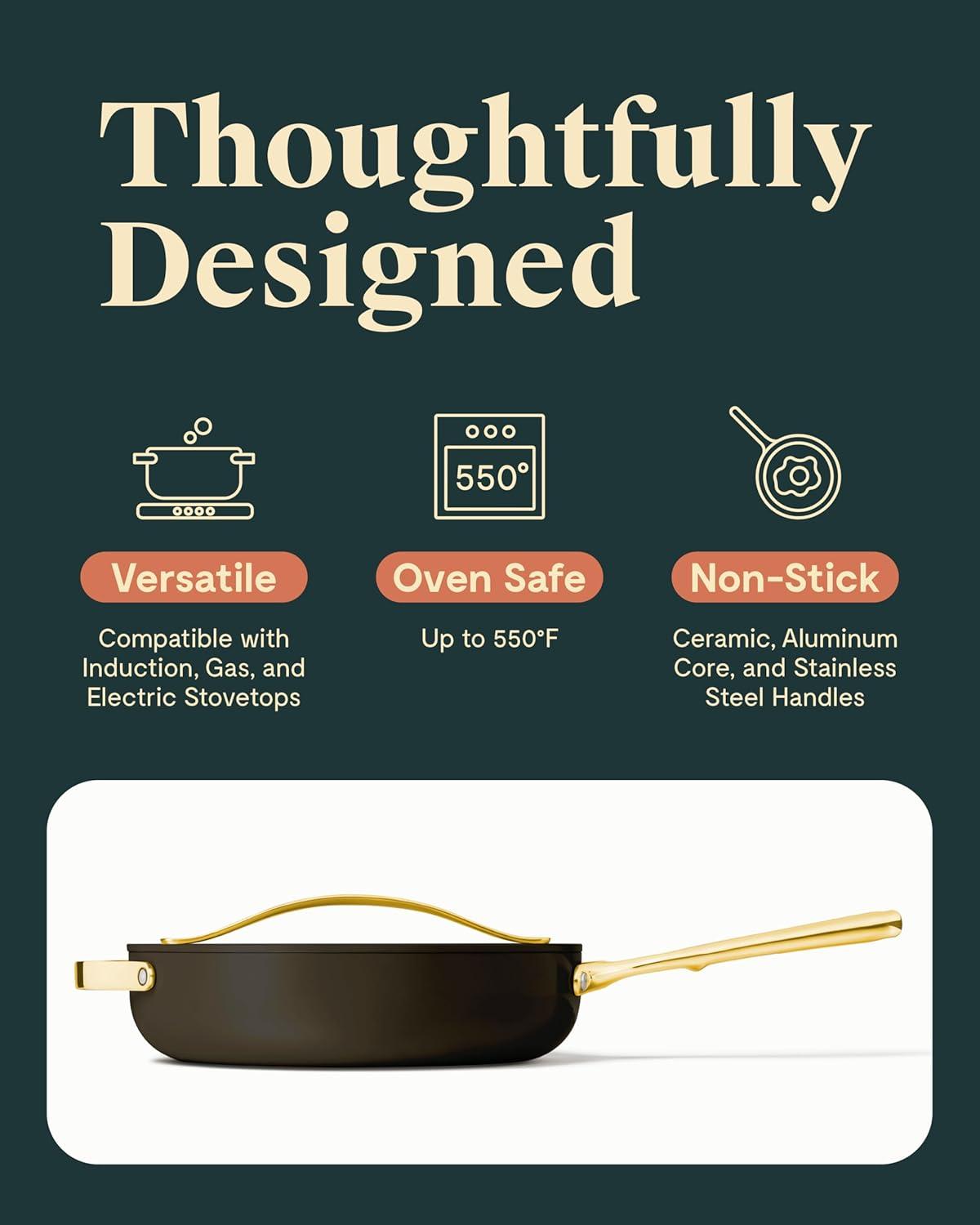 imageCaraway Nonstick Ceramic Saut Pan with Lid 45 qt 118 Non Toxic PTFE amp PFOA Free Oven Safe amp Compatible with All Stovetops Gas Electric amp Induction CreamBlack