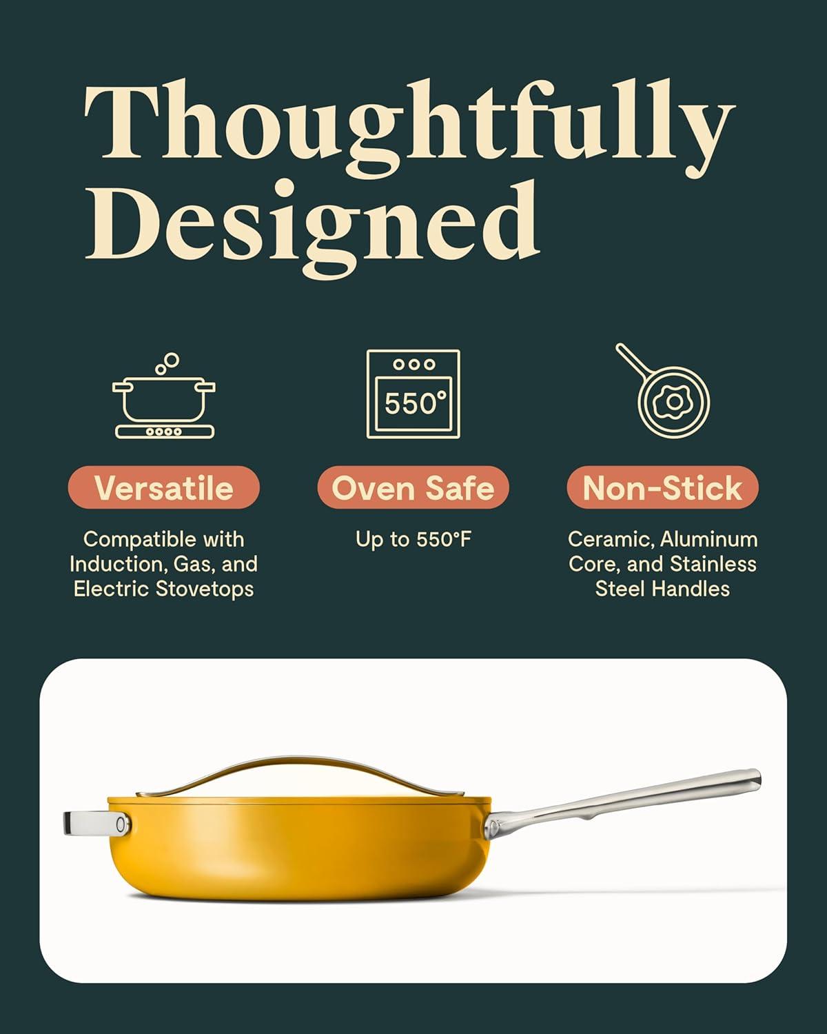 imageCaraway Nonstick Ceramic Saut Pan with Lid 45 qt 118 Non Toxic PTFE amp PFOA Free Oven Safe amp Compatible with All Stovetops Gas Electric amp Induction CreamMarigold