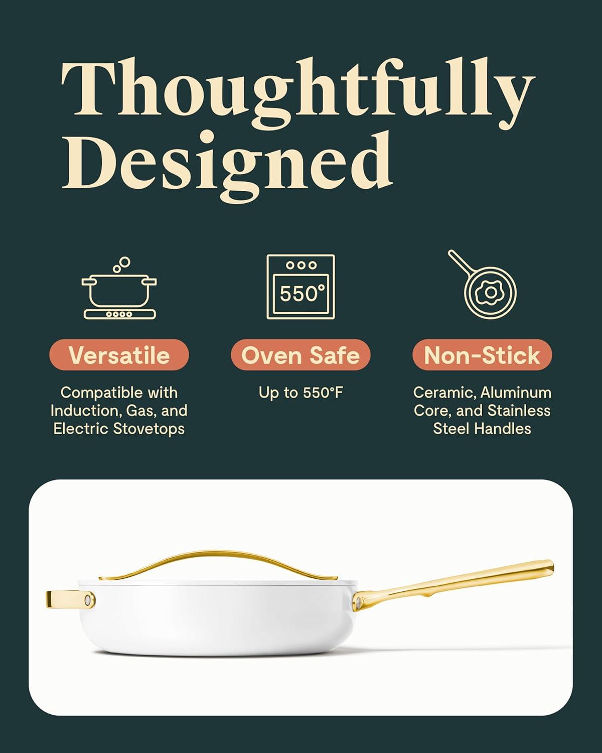imageCaraway Nonstick Ceramic Saut Pan with Lid 45 qt 118 Non Toxic PTFE amp PFOA Free Oven Safe amp Compatible with All Stovetops Gas Electric amp Induction CreamWhite