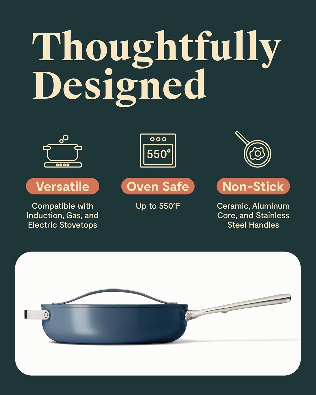 imageCaraway Nonstick Ceramic Saut Pan with Lid 45 qt 118 Non Toxic PTFE amp PFOA Free Oven Safe amp Compatible with All Stovetops Gas Electric amp Induction CreamNavy