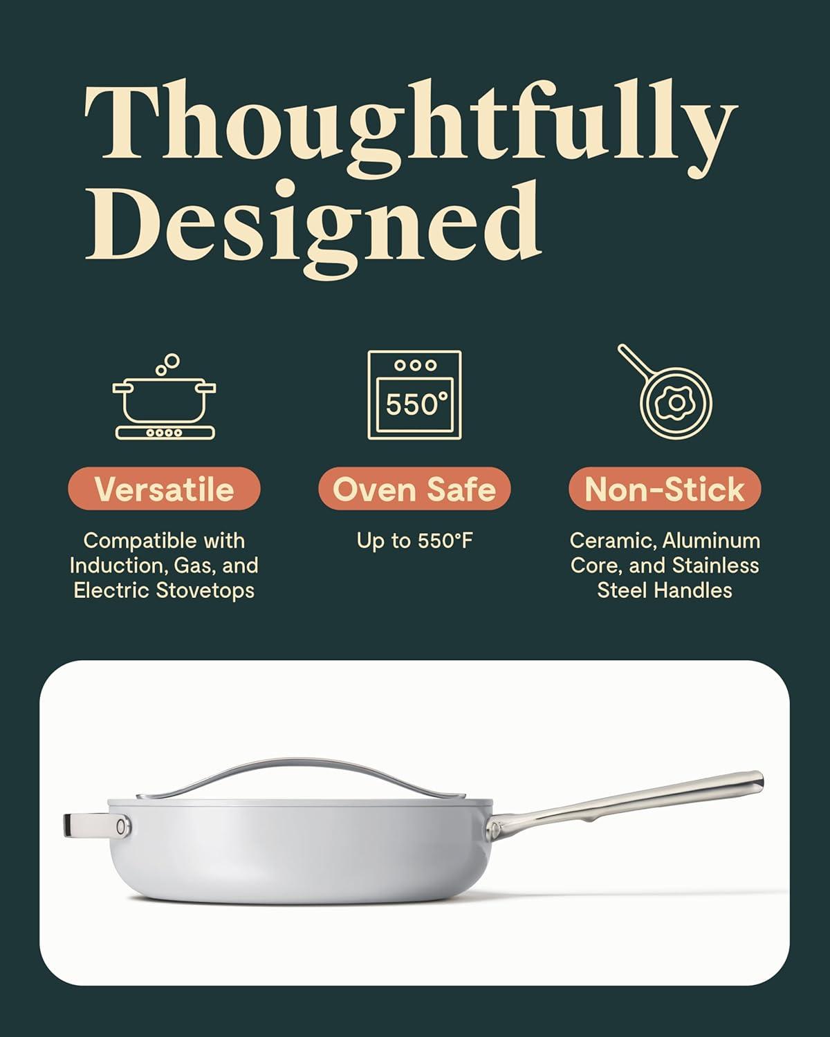 imageCaraway Nonstick Ceramic Saut Pan with Lid 45 qt 118 Non Toxic PTFE amp PFOA Free Oven Safe amp Compatible with All Stovetops Gas Electric amp Induction CreamGray