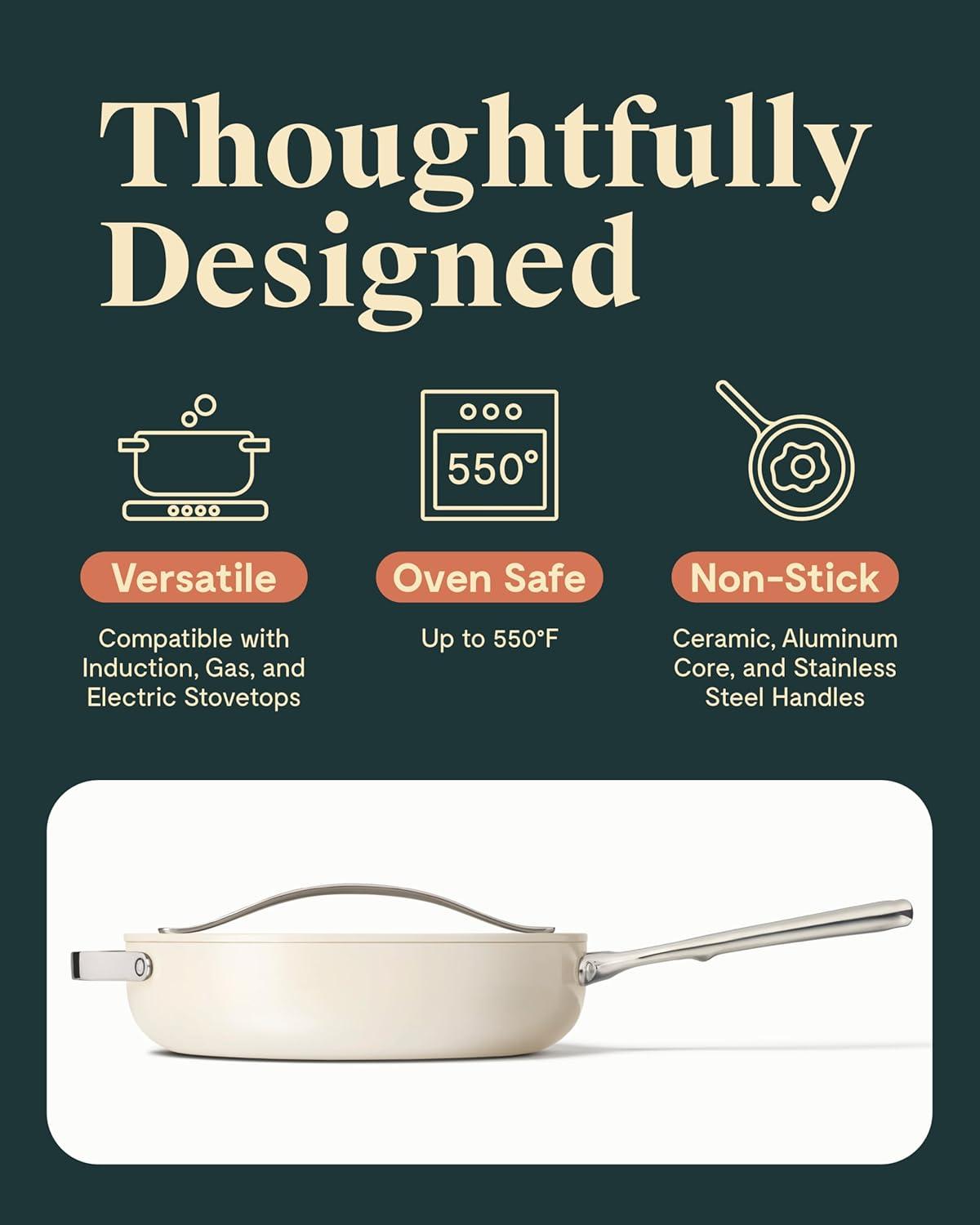 imageCaraway Nonstick Ceramic Saut Pan with Lid 45 qt 118 Non Toxic PTFE amp PFOA Free Oven Safe amp Compatible with All Stovetops Gas Electric amp Induction CreamCream