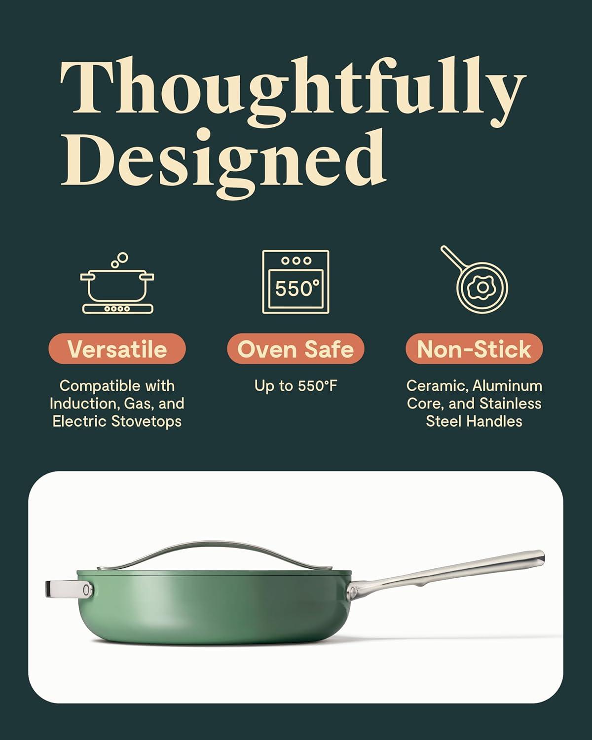 imageCaraway Nonstick Ceramic Saut Pan with Lid 45 qt 118 Non Toxic PTFE amp PFOA Free Oven Safe amp Compatible with All Stovetops Gas Electric amp Induction CreamSage