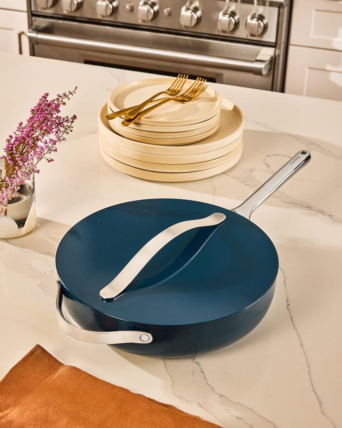 imageCaraway Nonstick Ceramic Saut Pan with Lid 45 qt 118 Non Toxic PTFE amp PFOA Free Oven Safe amp Compatible with All Stovetops Gas Electric amp Induction CreamCream