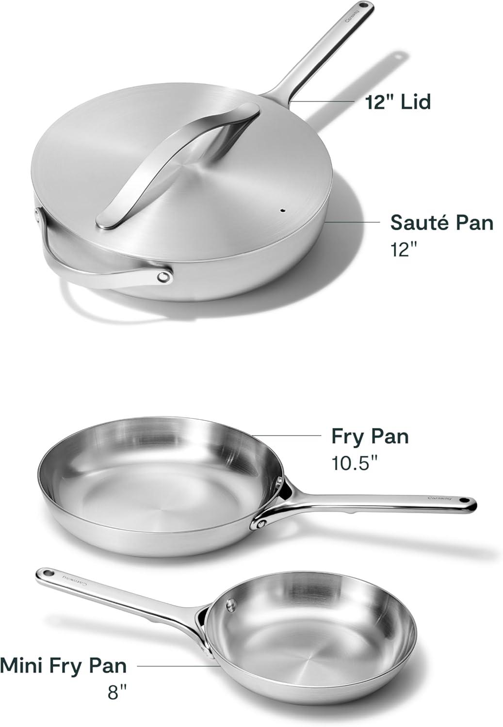 imageCaraway Stainless Steel 4Piece Fry Pan Set 5Ply Frying Pans 8 amp 105 amp Saute Pan NonToxic PTFE amp PFOA Free Oven Safe amp Stovetop Agnostic