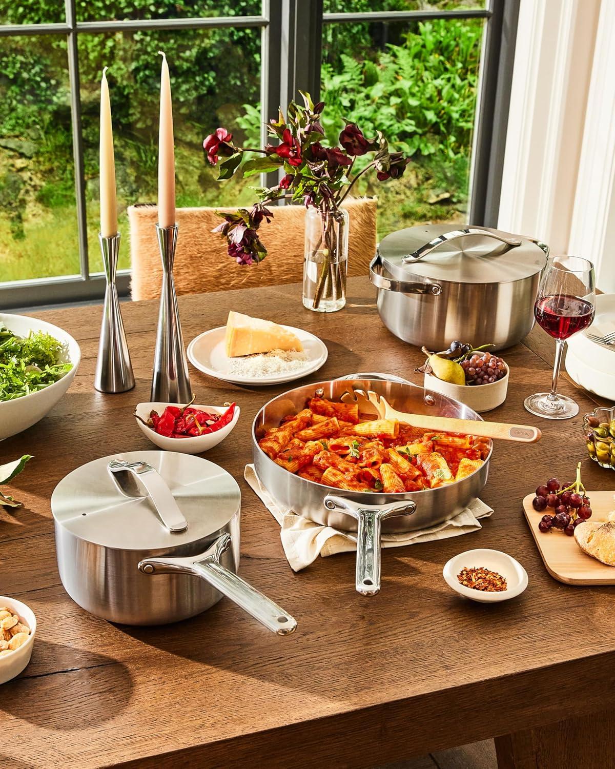 imageCaraway Stainless Steel Cookware Set 12 Piece 5Ply Stainless Steel Pots and Pans Set Includes Fry Sauce Saut Pan Dutch Oven and SpaceSaving Storage Non Toxic PTFE amp PFOA Free12pc Cookware Set