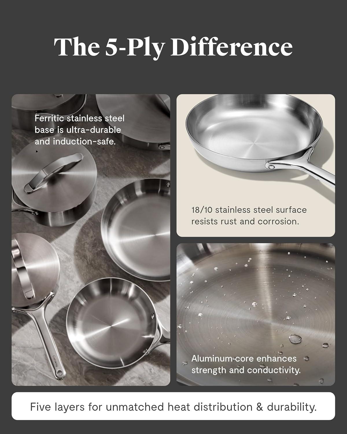 imageCaraway Stainless Steel Cookware Set 12 Piece 5Ply Stainless Steel Pots and Pans Set Includes Fry Sauce Saut Pan Dutch Oven and SpaceSaving Storage Non Toxic PTFE amp PFOA Free16pc Deluxe Cookware Set