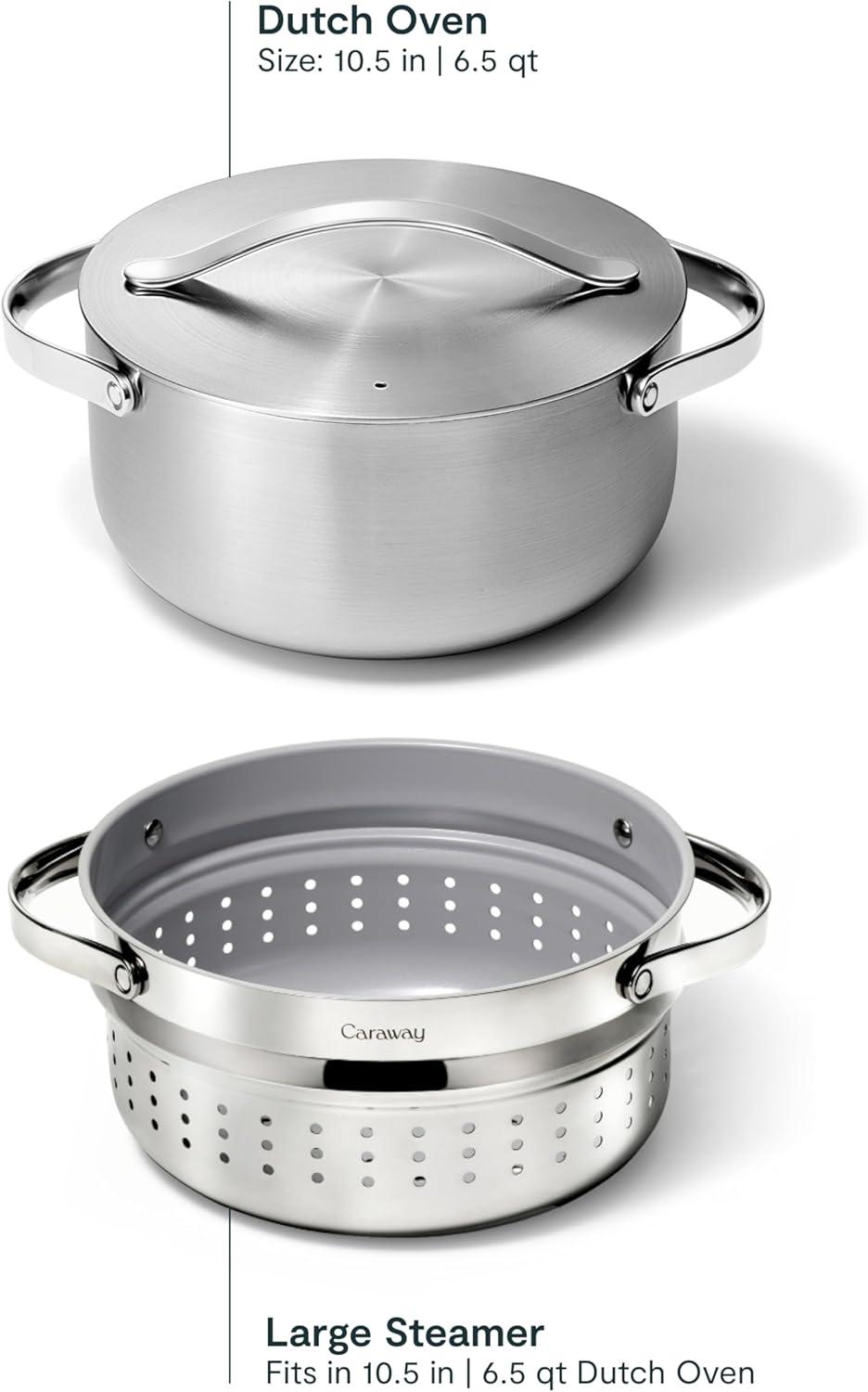 imageCaraway Stainless Steel Dutch Oven 65 Qt amp Steamer 5Ply Stainless Steel Oven Safe amp Stovetop Agnostic Non Toxic PTFE amp PFOA Free