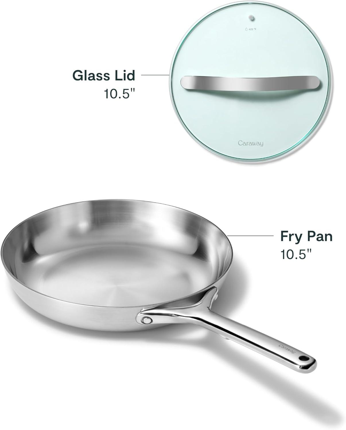 imageCaraway Stainless Steel Fry Pan With Glass Lid 105 IN 5Ply Stainless Steel Pan Oven Safe amp Stovetop Agnostic Non Toxic PTFE amp PFOA Free