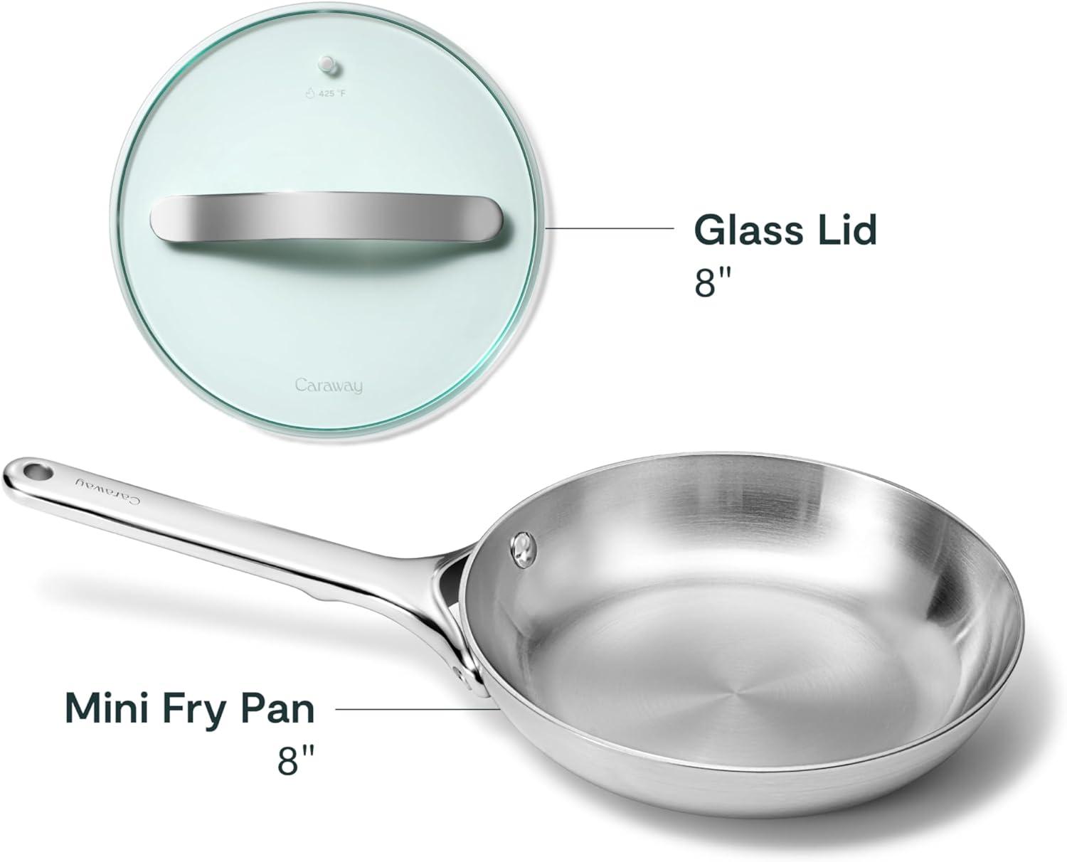imageCaraway Stainless Steel Fry Pan With Glass Lid 8 IN 5Ply Stainless Steel Pan Oven Safe amp Stovetop Agnostic Non Toxic PTFE amp PFOA Free