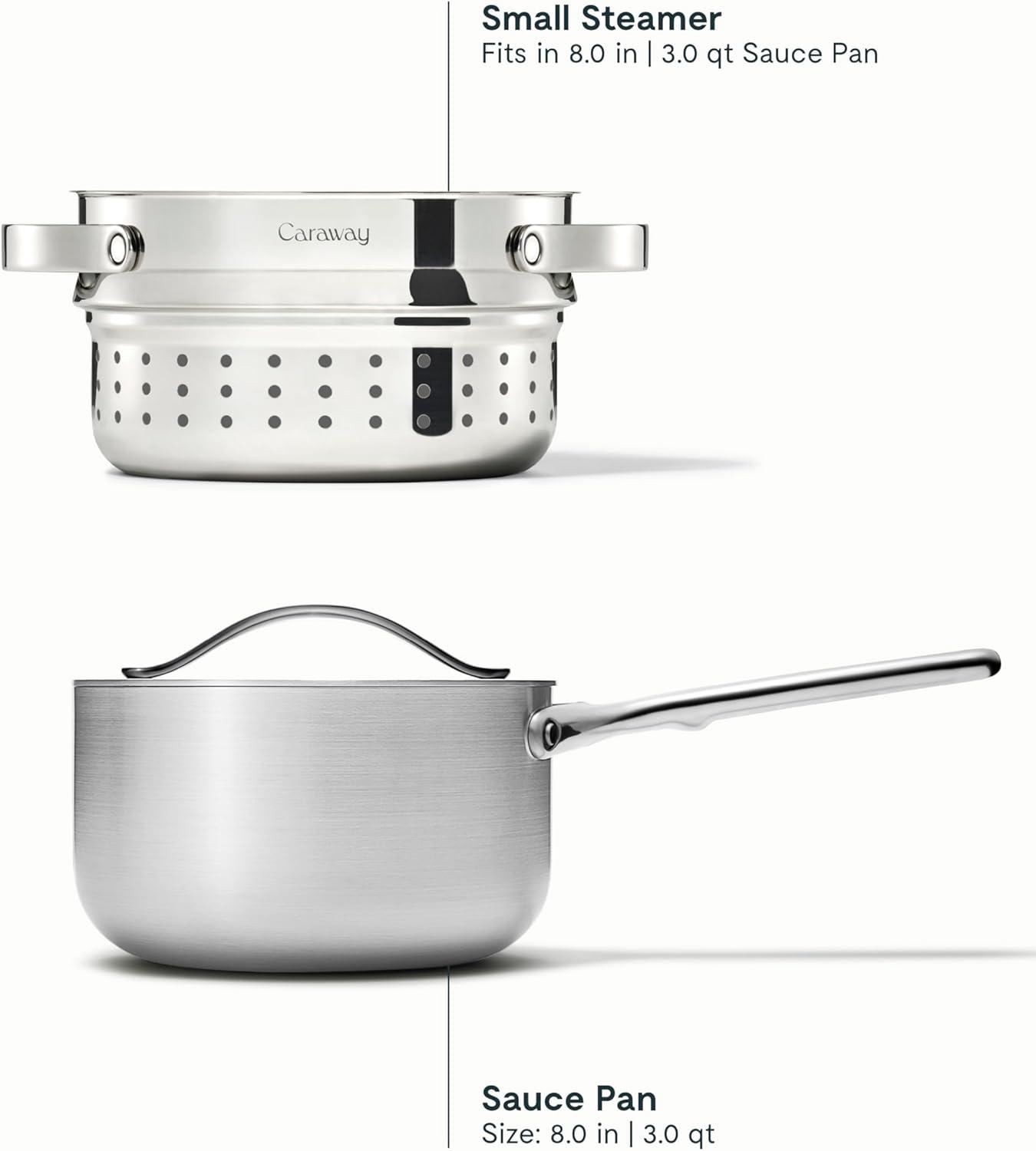imageCaraway Stainless Steel Sauce Pan 3 Qt amp Steamer 5Ply Stainless Steel Oven Safe amp Stovetop Agnostic Non Toxic PTFE amp PFOA Free