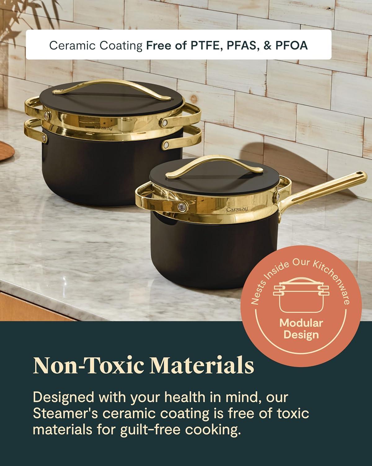imageCaraway Steamer Stainless Steel Steamer with Handles Non Stick Non Toxic Coating Steam Veggies Seafood and More Compatible With Our Dutch Oven or Sauce Pan Small 3qt GoldGold