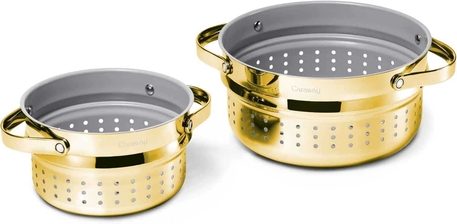 imageCaraway Steamer Stainless Steel Steamer with Handles Non Stick Non Toxic Coating Steam Veggies Seafood and More Compatible With Our Dutch Oven or Sauce Pan Small 3qt GoldGold