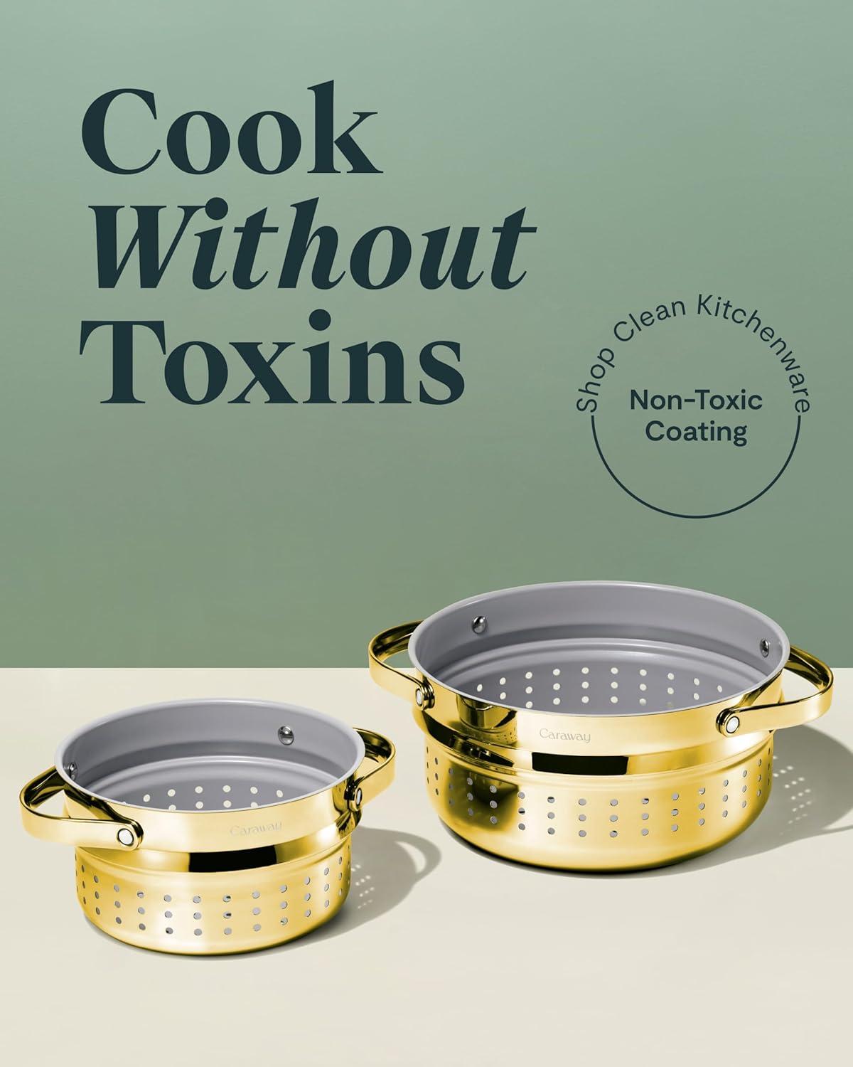 imageCaraway Steamer Stainless Steel Steamer with Handles Non Stick Non Toxic Coating Steam Veggies Seafood and More Compatible With Our Dutch Oven or Sauce Pan Small 3qt GoldGold