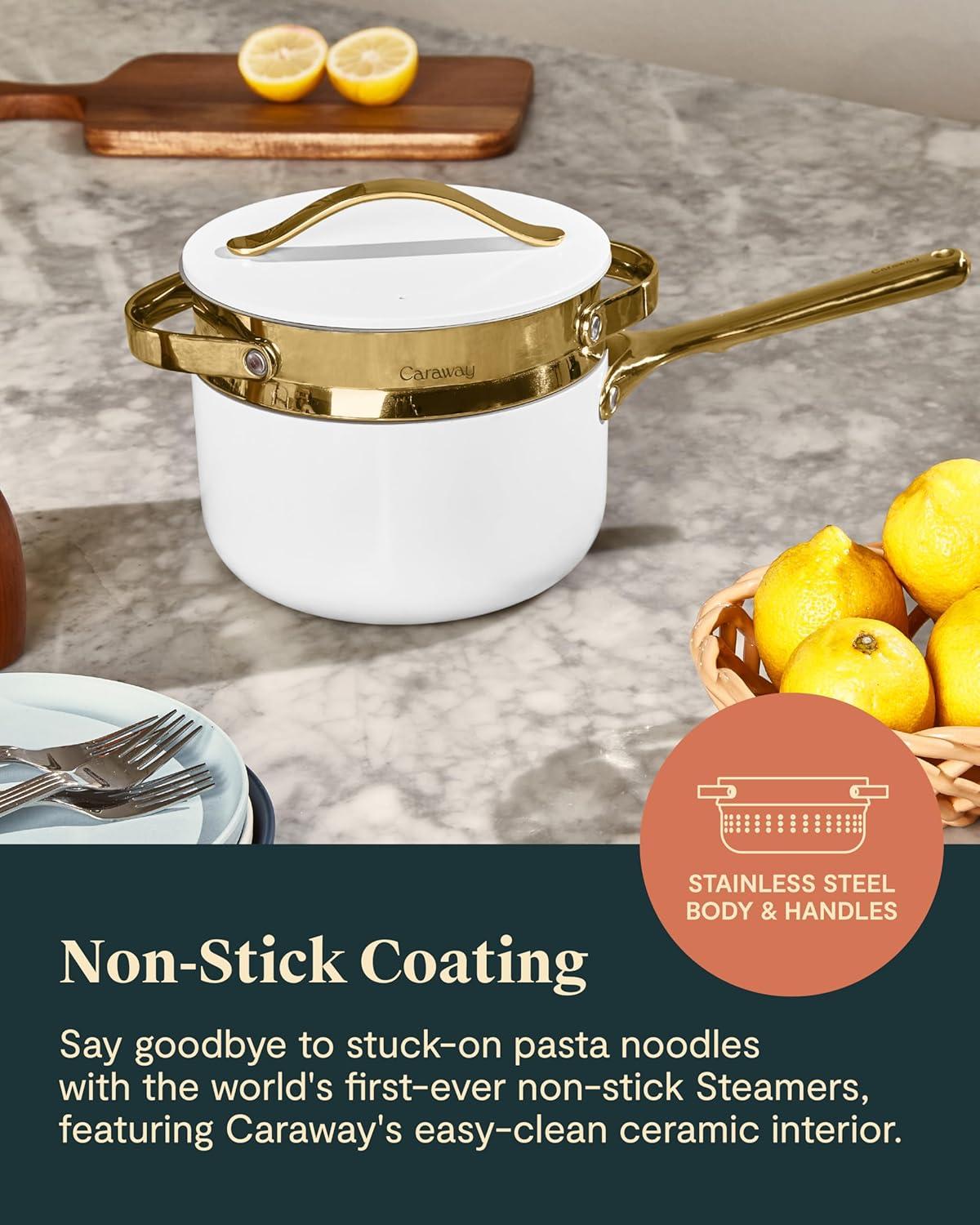imageCaraway Steamer Stainless Steel Steamer with Handles Non Stick Non Toxic Coating Steam Veggies Seafood and More Compatible With Our Dutch Oven or Sauce Pan Small 3qt GoldGold