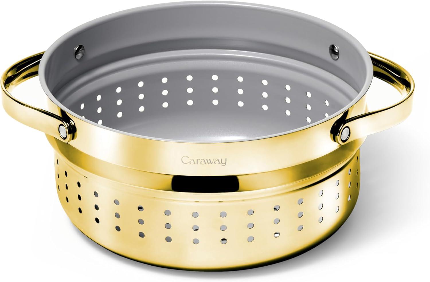 imageCaraway Steamer Stainless Steel Steamer with Handles Non Stick Non Toxic Coating Steam Veggies Seafood and More Compatible With Our Dutch Oven or Sauce Pan Small 3qt GoldGold