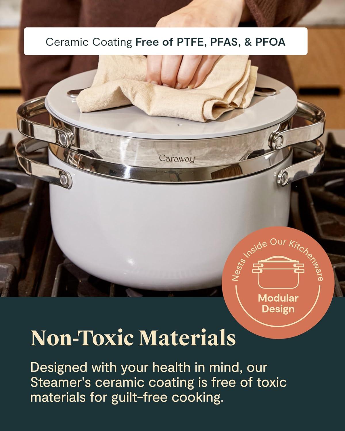 imageCaraway Steamer Stainless Steel Steamer with Handles Non Stick Non Toxic Coating Steam Veggies Seafood and More Compatible With Our Dutch Oven or Sauce Pan Small 3qt GoldStainless Steel