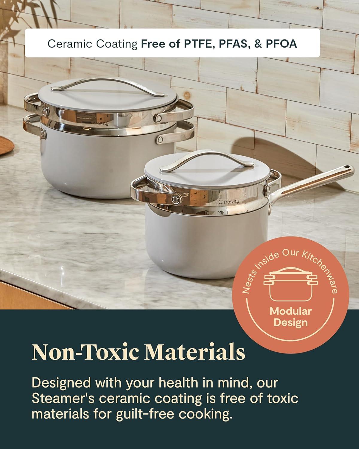 imageCaraway Steamer Stainless Steel Steamer with Handles Non Stick Non Toxic Coating Steam Veggies Seafood and More Compatible With Our Dutch Oven or Sauce Pan Small 3qt GoldStainless Steel