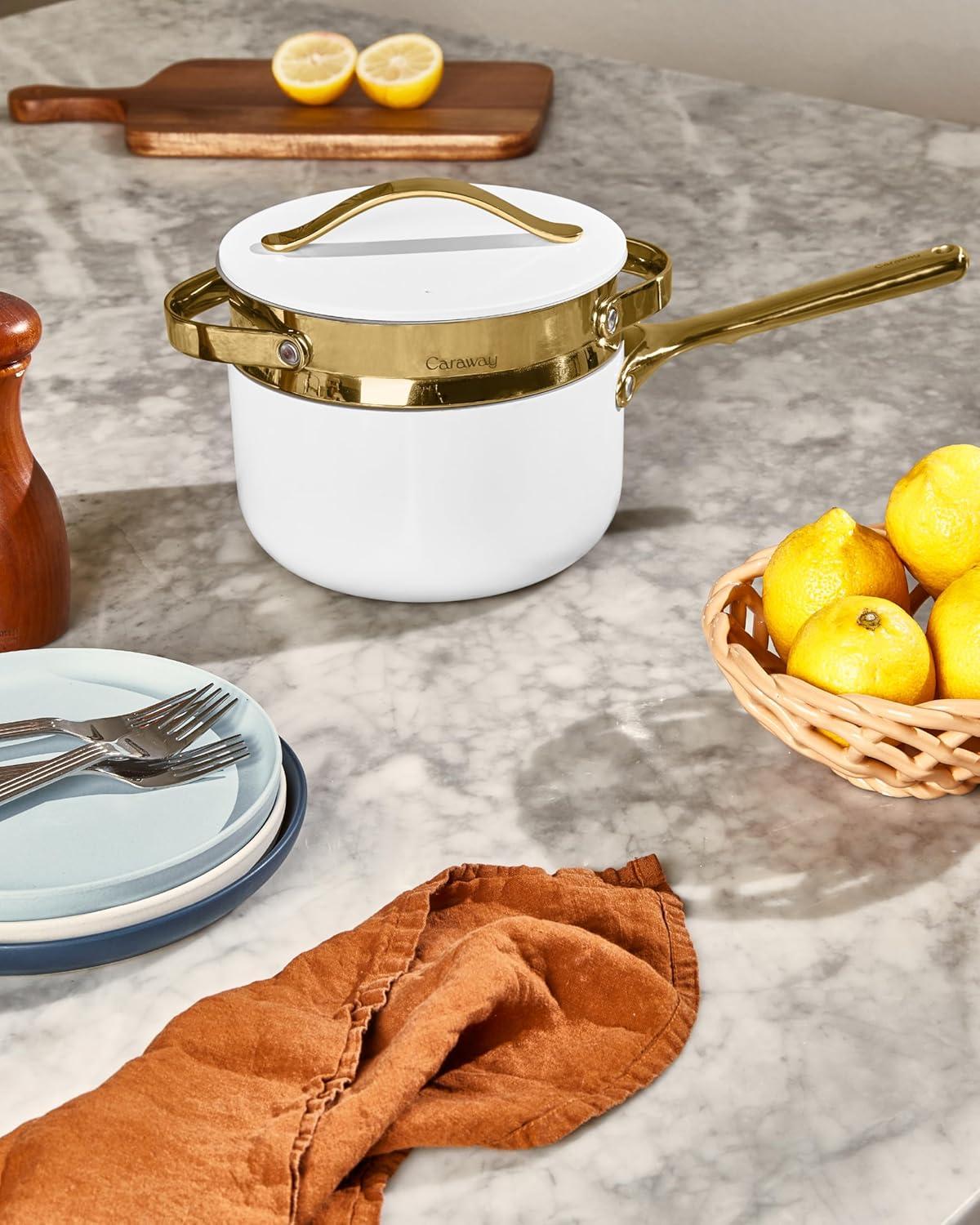 imageCaraway Steamer Stainless Steel Steamer with Handles Non Stick Non Toxic Coating Steam Veggies Seafood and More Compatible With Our Dutch Oven or Sauce Pan Small 3qt GoldGold