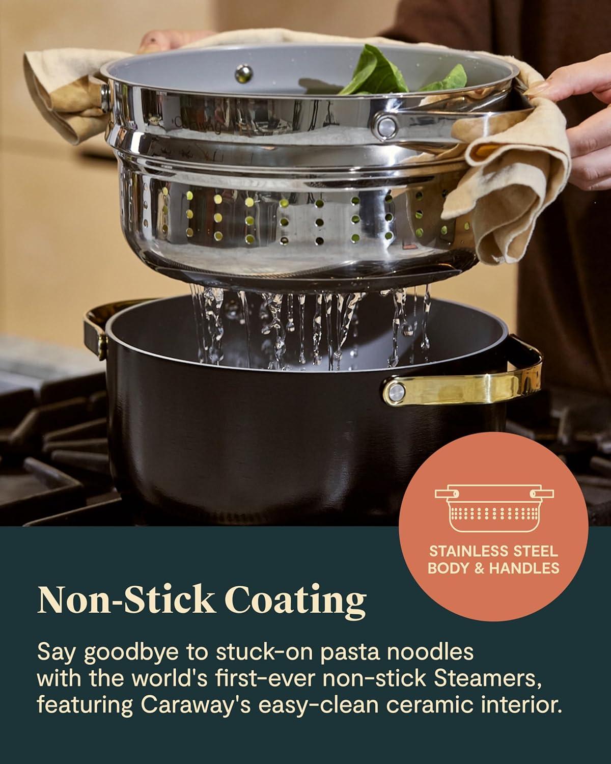 imageCaraway Steamer Stainless Steel Steamer with Handles Non Stick Non Toxic Coating Steam Veggies Seafood and More Compatible With Our Dutch Oven or Sauce Pan Small 3qt GoldStainless Steel
