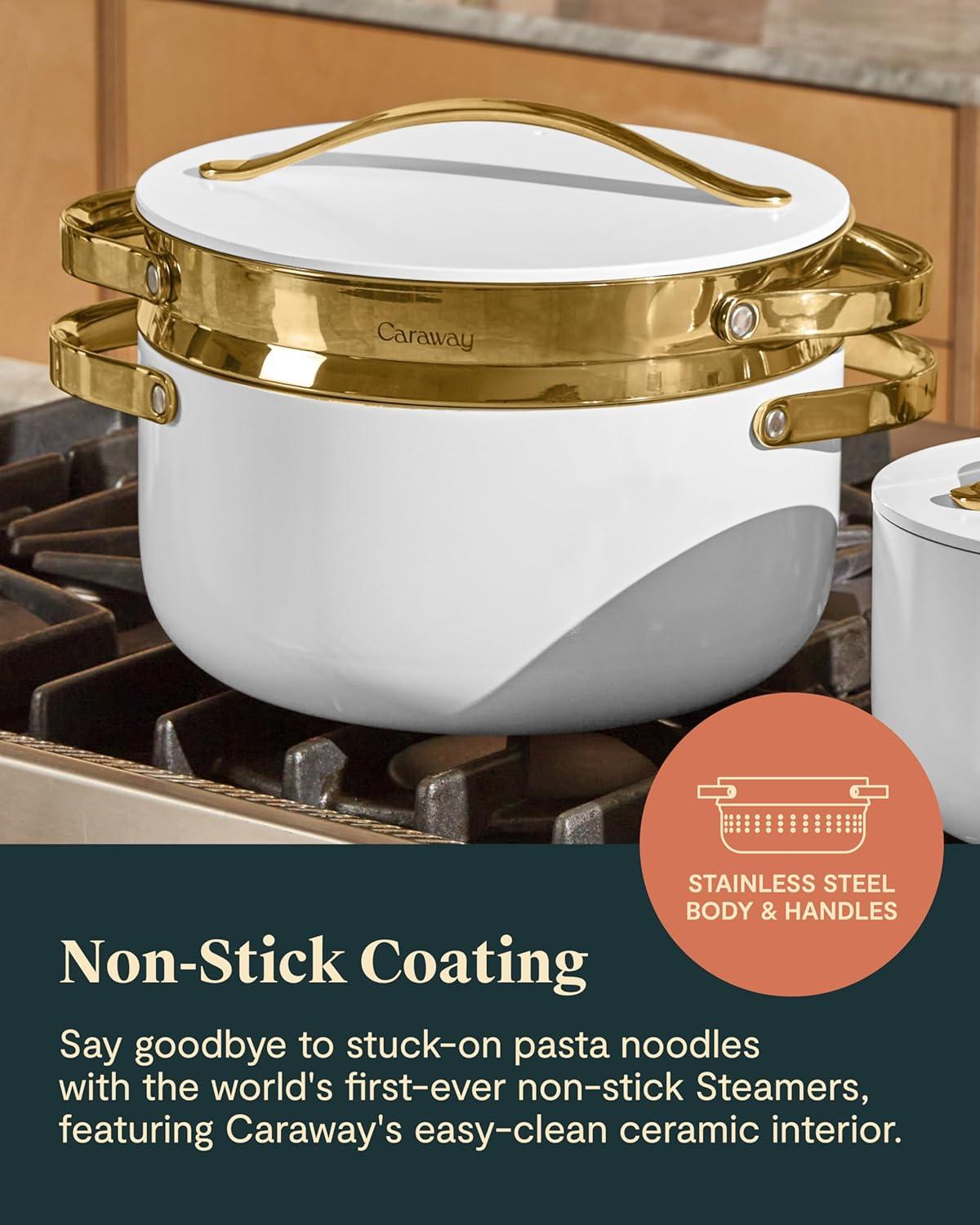 imageCaraway Steamer Stainless Steel Steamer with Handles Non Stick Non Toxic Coating Steam Veggies Seafood and More Compatible With Our Dutch Oven or Sauce Pan Small 3qt GoldGold