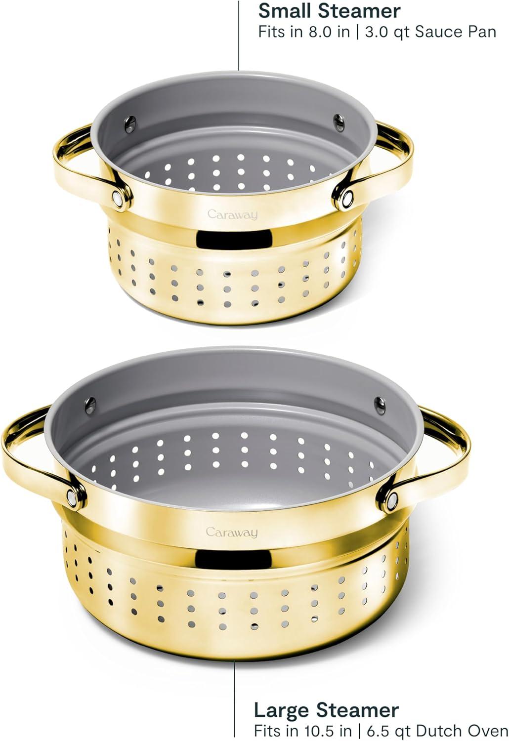 imageCaraway Steamer Stainless Steel Steamer with Handles Non Stick Non Toxic Coating Steam Veggies Seafood and More Compatible With Our Dutch Oven or Sauce Pan Small 3qt GoldGold