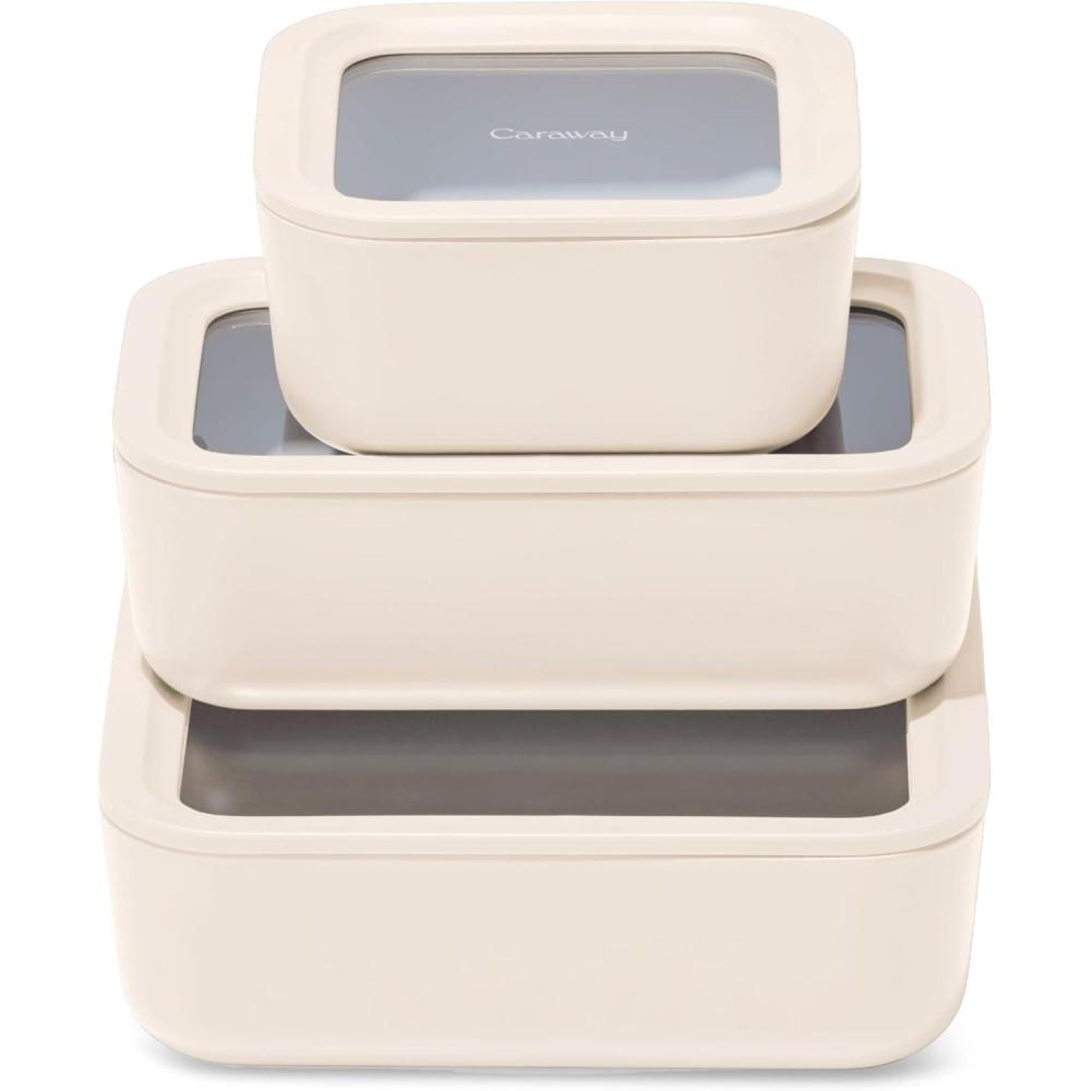 imageCaraway 13pc Glass Food Storage Container Set Easy to Store Non Toxic Lunch Box with Glass Lids Includes Storage Organizer SageCream