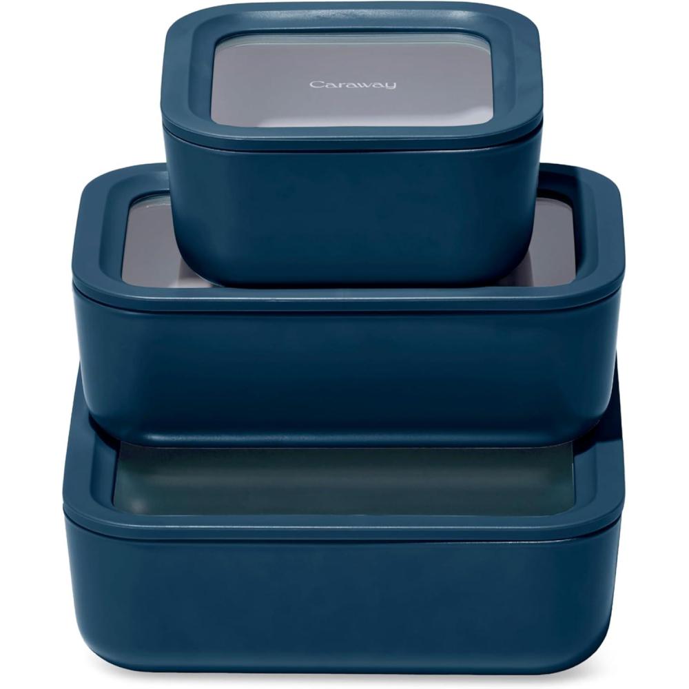 imageCaraway 13pc Glass Food Storage Container Set Easy to Store Non Toxic Lunch Box with Glass Lids Includes Storage Organizer SageNavy