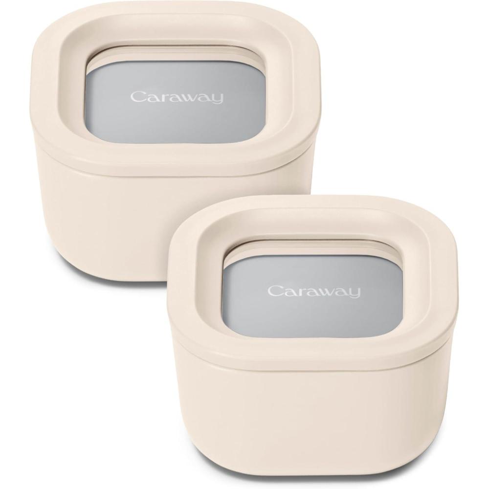 imageCaraway 2pc Glass Food Storage Set 44 Cup Food Containers 2 Ceramic Coated Non Toxic Non Stick Lunch with Lids Dishwasher Oven amp Microwave Safe NavyCream