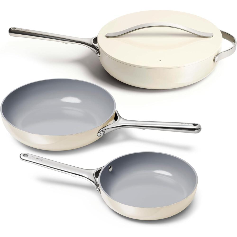 imageCaraway 4Piece Fry Pan Set NonStick Frying Pans 105 amp 8 amp NonStick Saut Pan Non Toxic PTFE amp PFOA Free Oven Safe amp Compatible with All Stovetops Gas Electric amp Induction CreamCream