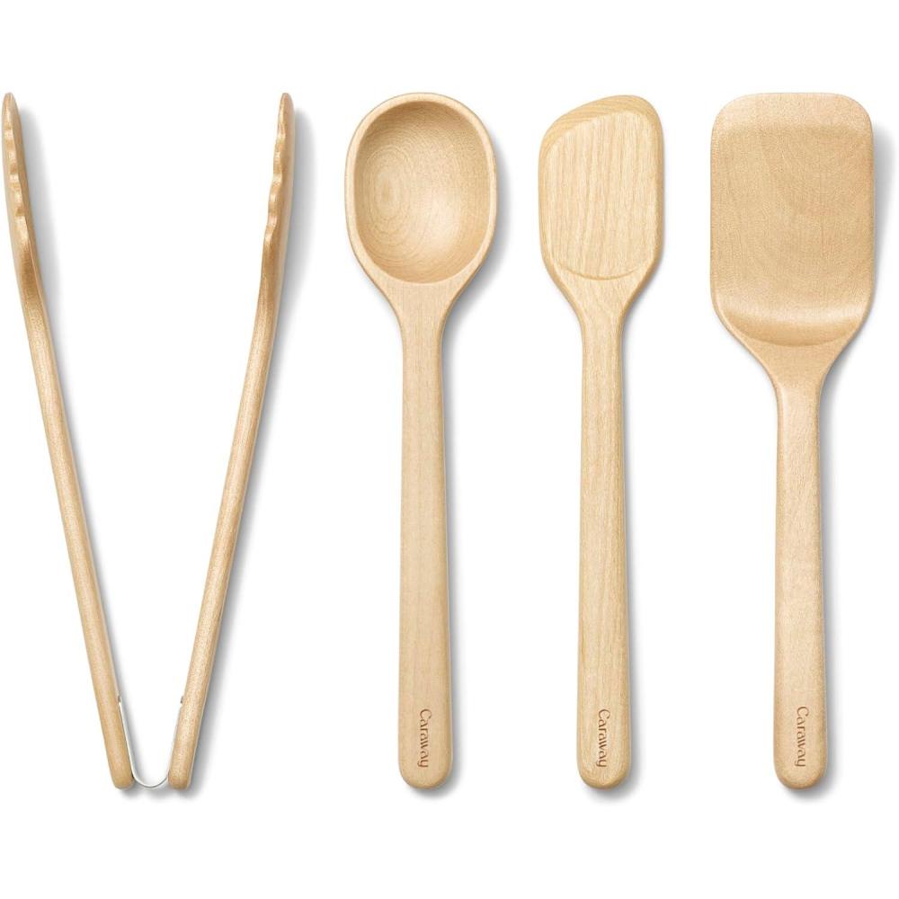 imageCaraway 4Piece Mini Wooden Kitchen Utensils Set for Cooking Serving and Plating Includes Mini Spoon Scraper Spatula and Tongs
