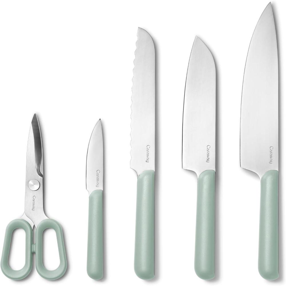 imageCaraway 5 Piece Knife Set Premium German Steel Blade Kitchen Knives Ergonomic Handles No Microplastics CreamMist