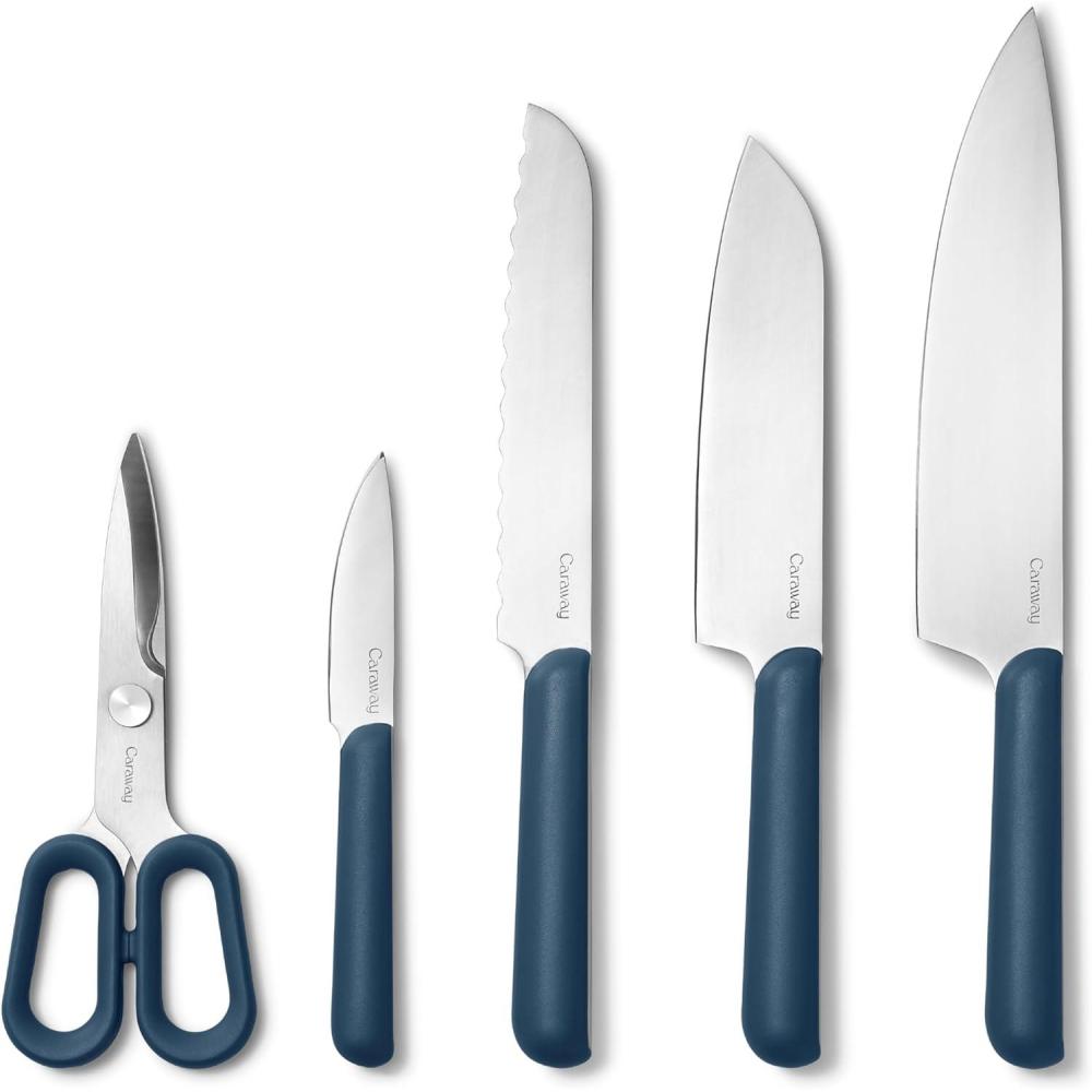 imageCaraway 5 Piece Knife Set Premium German Steel Blade Kitchen Knives Ergonomic Handles No Microplastics CreamNavy