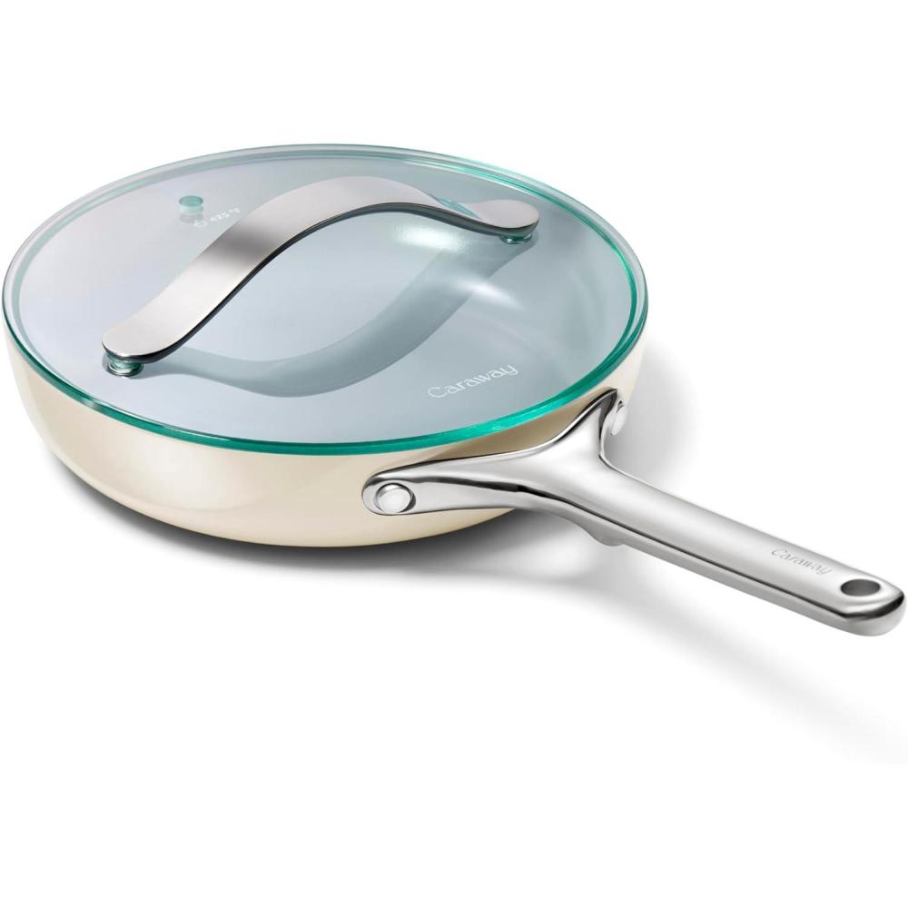 imageCaraway Ceramic Fry Pan Duo with Glass Lids NonStick Frying Pans 105 amp 8 Non Toxic PTFE amp PFOA Free Oven Safe amp Compatible with All Stovetops CreamCream