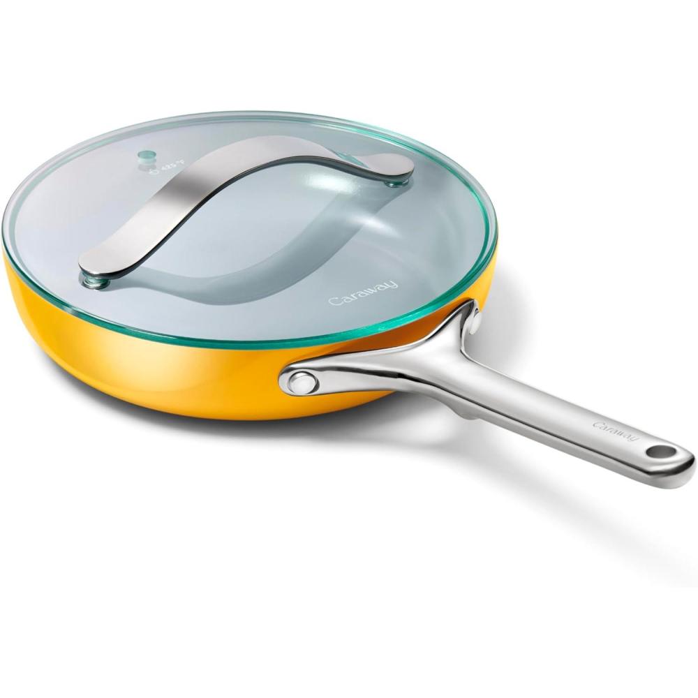 imageCaraway Ceramic Fry Pan Duo with Glass Lids NonStick Frying Pans 105 amp 8 Non Toxic PTFE amp PFOA Free Oven Safe amp Compatible with All Stovetops CreamMarigold