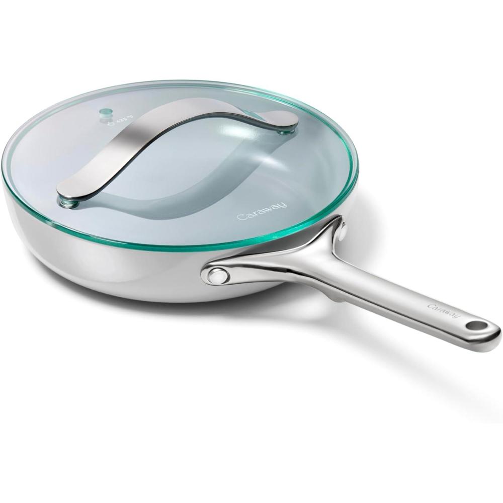 imageCaraway Ceramic Fry Pan Duo with Glass Lids NonStick Frying Pans 105 amp 8 Non Toxic PTFE amp PFOA Free Oven Safe amp Compatible with All Stovetops CreamGray