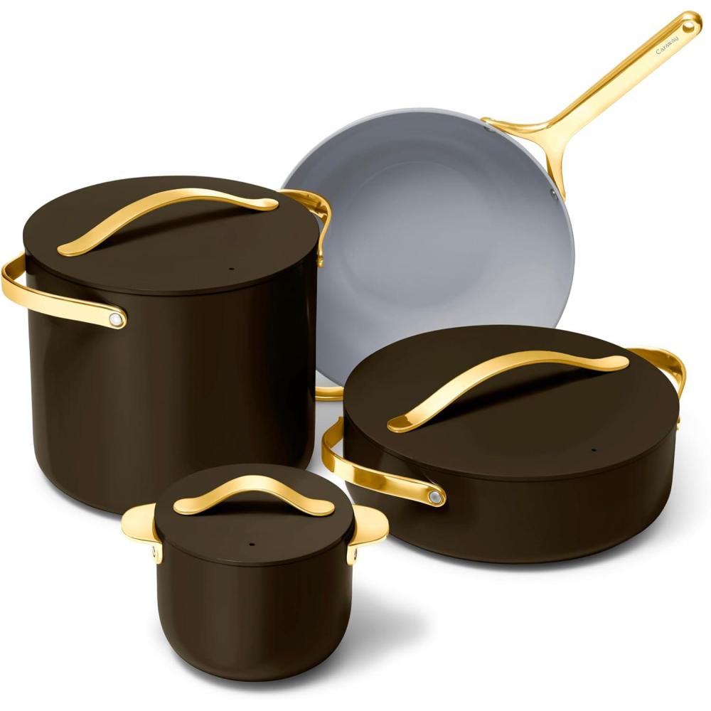 imageCaraway Cookware Collection Specialty Cookware Set Petite Cooker Stir Fry Pan Rondeau amp Stock Pot 3 Lids amp Storage Organizer Included CreamBlack