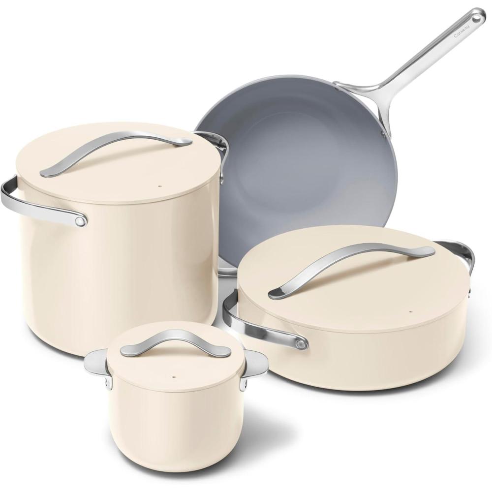 imageCaraway Cookware Collection Specialty Cookware Set Petite Cooker Stir Fry Pan Rondeau amp Stock Pot 3 Lids amp Storage Organizer Included CreamCream