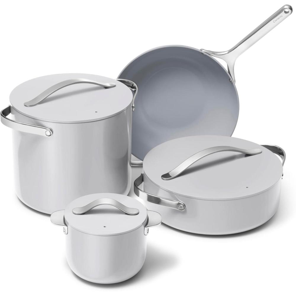 imageCaraway Cookware Collection Specialty Cookware Set Petite Cooker Stir Fry Pan Rondeau amp Stock Pot 3 Lids amp Storage Organizer Included CreamGray