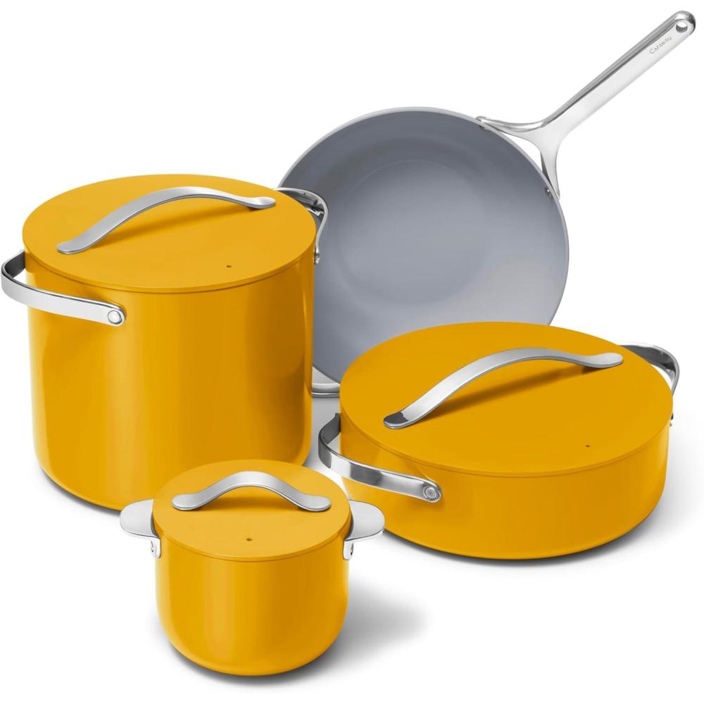 imageCaraway Cookware Collection Specialty Cookware Set Petite Cooker Stir Fry Pan Rondeau amp Stock Pot 3 Lids amp Storage Organizer Included CreamMarigold