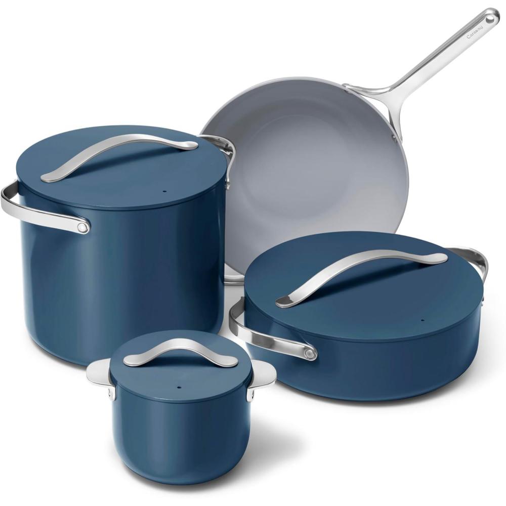 imageCaraway Cookware Collection Specialty Cookware Set Petite Cooker Stir Fry Pan Rondeau amp Stock Pot 3 Lids amp Storage Organizer Included CreamNavy