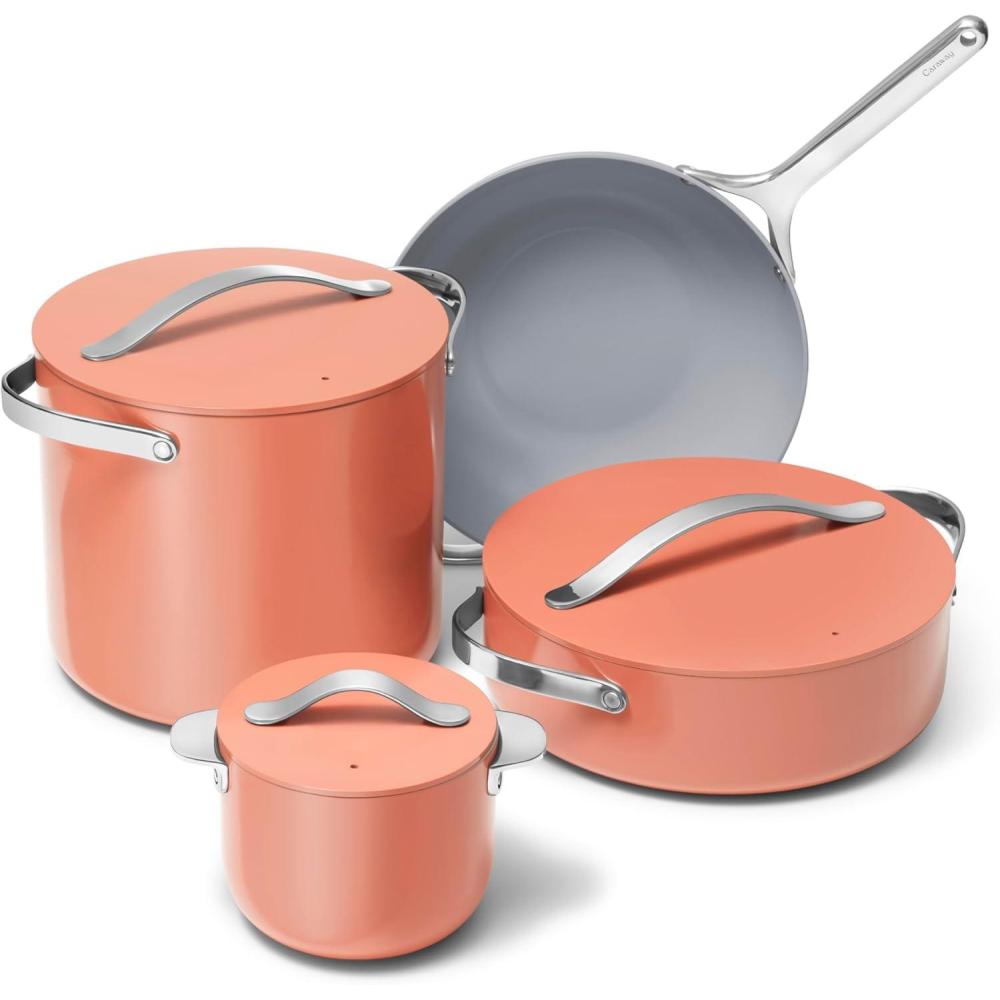 imageCaraway Cookware Collection Specialty Cookware Set Petite Cooker Stir Fry Pan Rondeau amp Stock Pot 3 Lids amp Storage Organizer Included CreamPerracotta