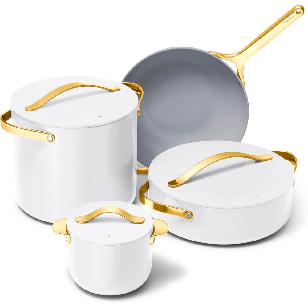 imageCaraway Cookware Collection Specialty Cookware Set Petite Cooker Stir Fry Pan Rondeau amp Stock Pot 3 Lids amp Storage Organizer Included CreamWhite