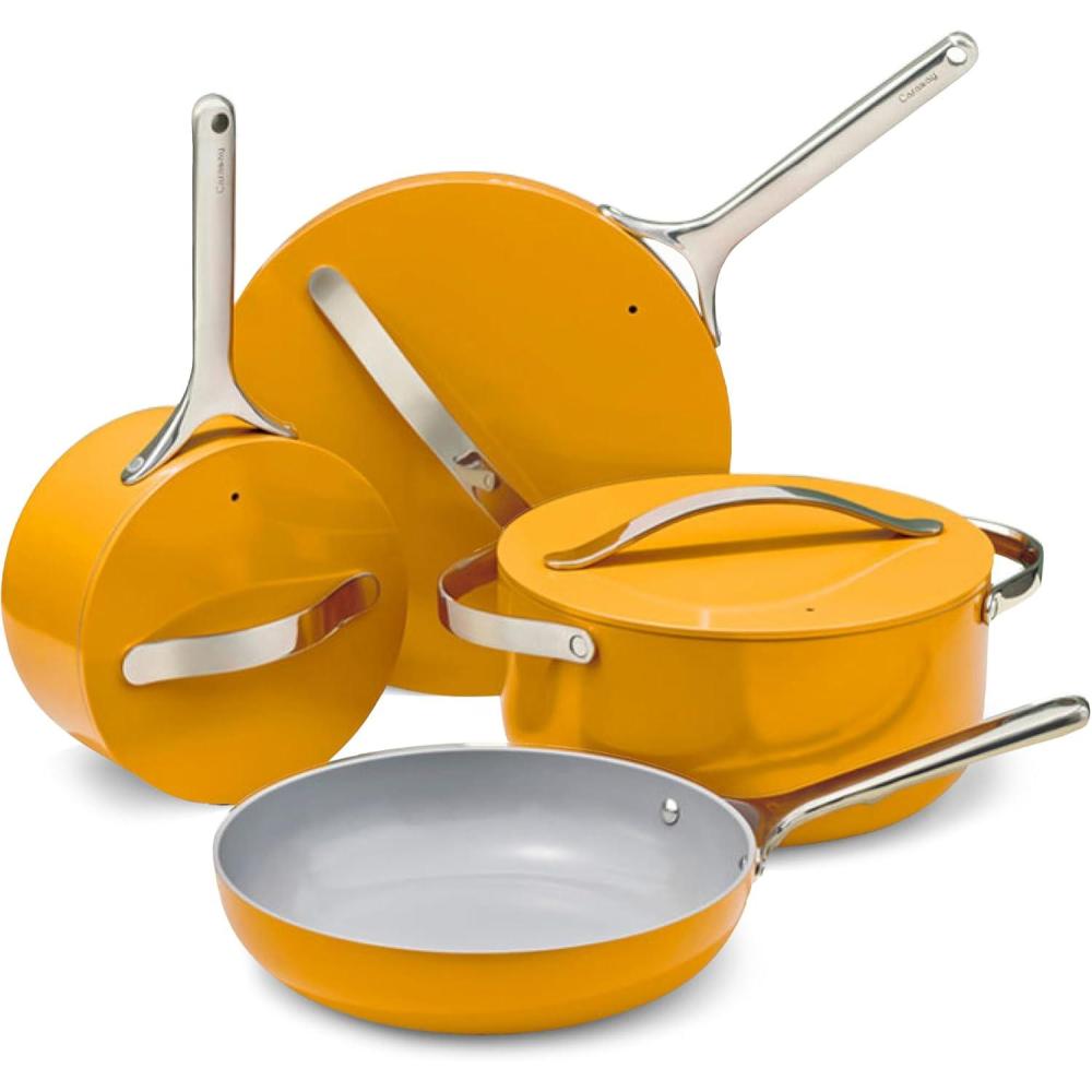 imageCaraway Deluxe Nonstick Ceramic Cookware Set 16 Piece Pots Frying Pans Lids and Kitchen Storage PFAS amp PFOA Free Oven Safe Pan Set amp Compatible with All Stovetops CreamMarigold