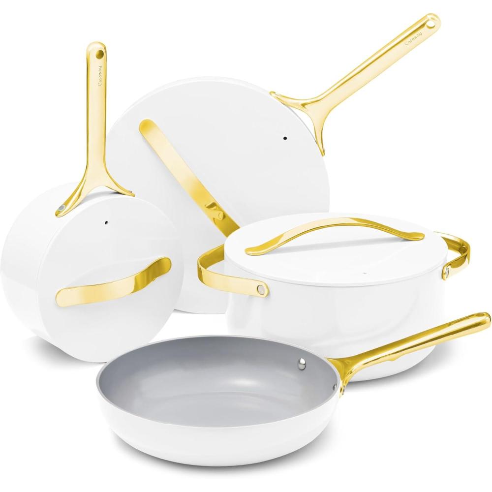 imageCaraway Deluxe Nonstick Ceramic Cookware Set 16 Piece Pots Frying Pans Lids and Kitchen Storage PFAS amp PFOA Free Oven Safe Pan Set amp Compatible with All Stovetops CreamWhite