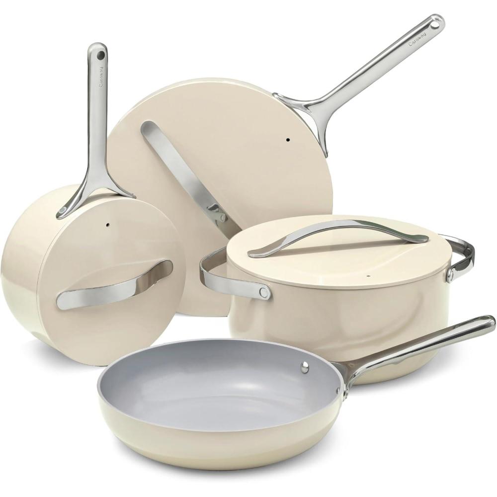 imageCaraway Deluxe Nonstick Ceramic Cookware Set 16 Piece Pots Frying Pans Lids and Kitchen Storage PFAS amp PFOA Free Oven Safe Pan Set amp Compatible with All Stovetops CreamCream