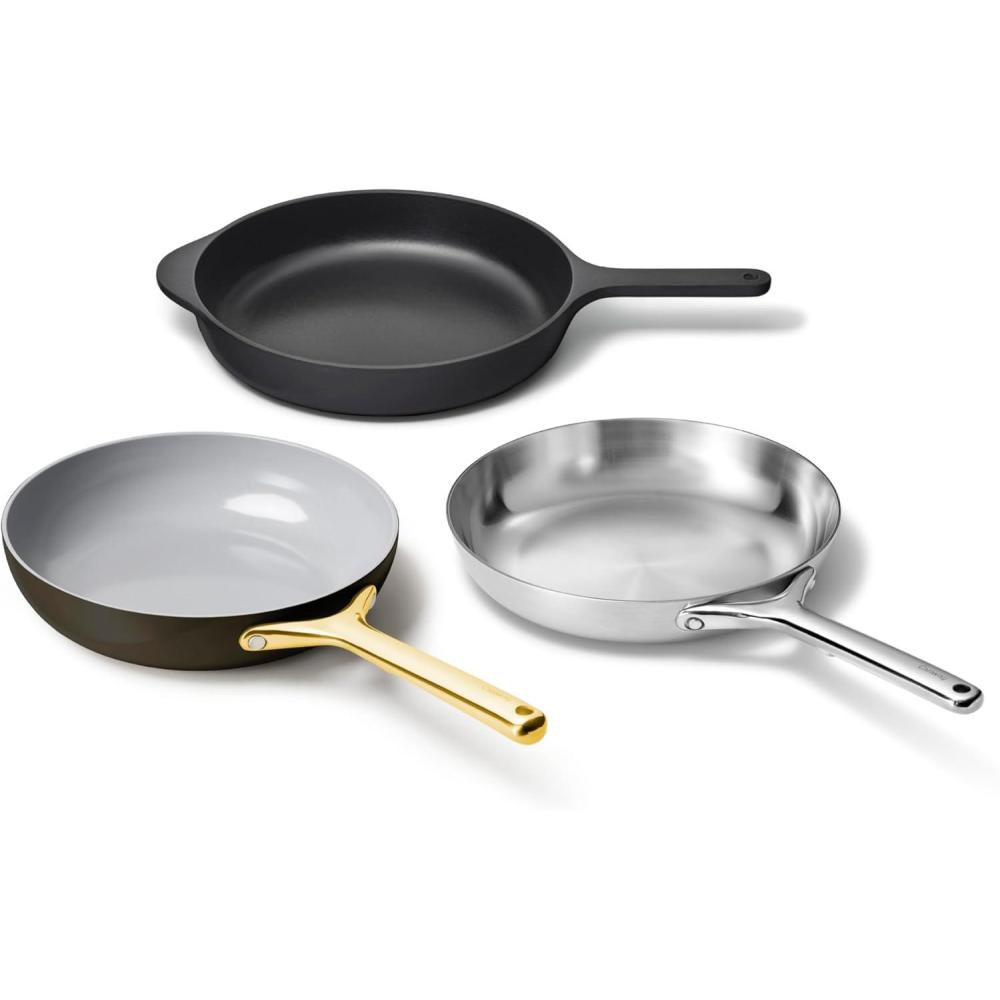 imageCaraway Fry Pan Sampler Bundle 105 NonStick Ceramic Frying Pan 105 Stainless Steel Fry Pan 105 Enameled Cast Iron Skillet Non Toxic Oven Safe CreamBlackCharcoal